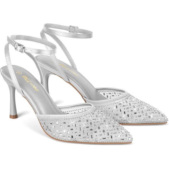 Pizz Annu Women's Silver Closed Toe Mesh Sparkly Ankle Strap Cienna High Heels - Picture 2 of 6